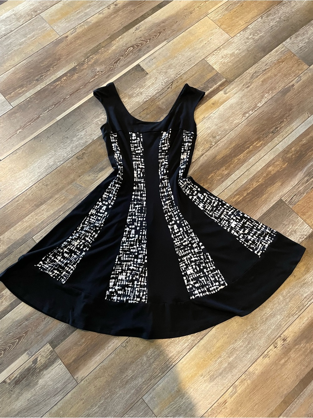 Black Fit-and-Flare Dress with Monochrome Panel Details